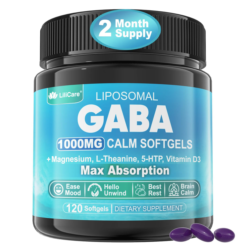 LILICARE GABA supplement bottle on a clean desk for calm focus