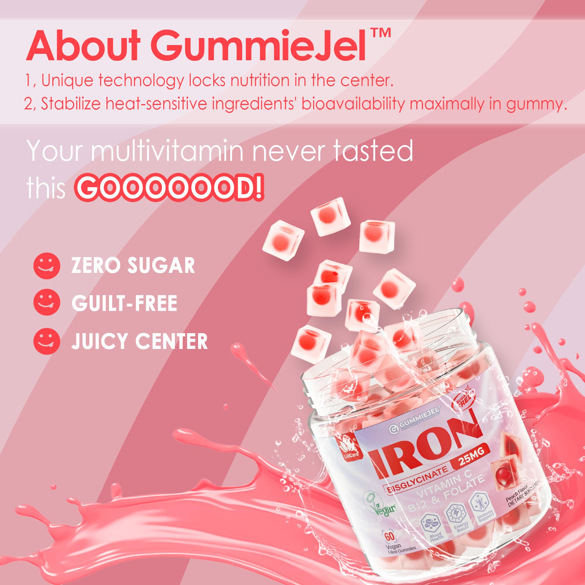 LILICARE iron gummies packaging box shot conveys GMP-made, non-GMO assurance.