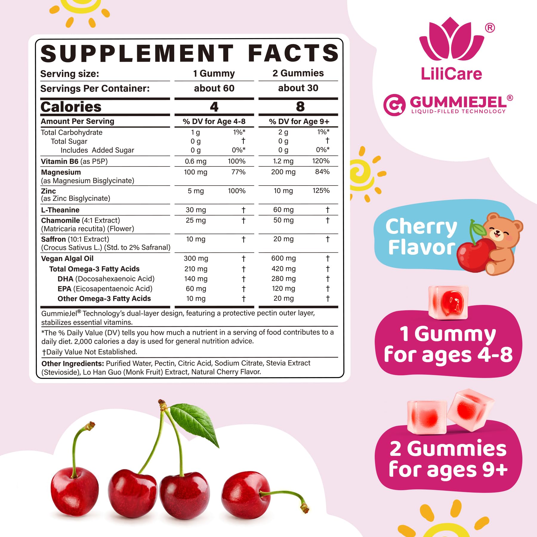 LILICARE Kids Calm gummies closeup highlighting soft chews for calm focus.