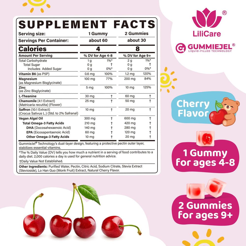 LILICARE Kids Calm gummies closeup highlighting soft chews for calm focus.