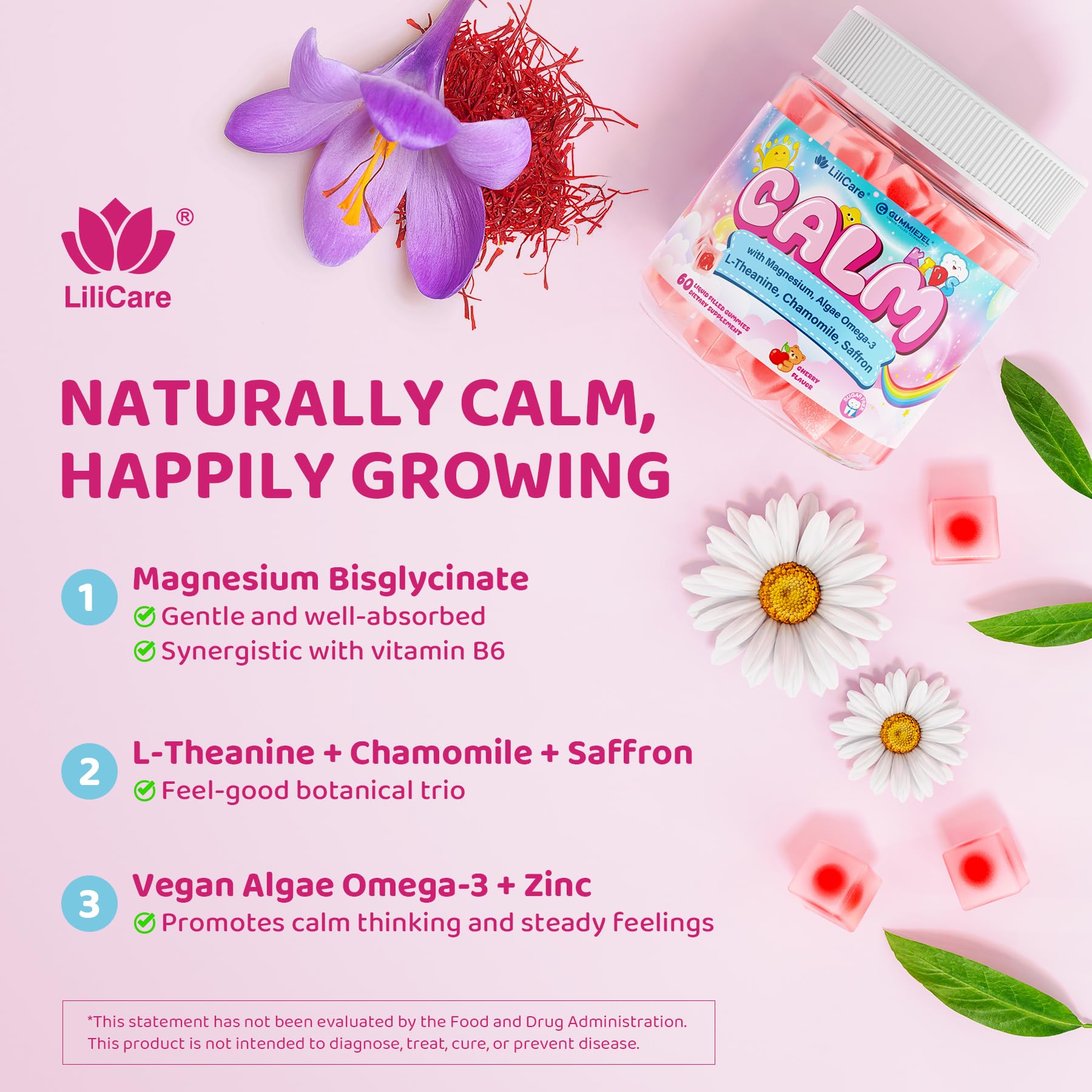 LILICARE Kids Calm ingredients label with magnesium and omega-3 information.
