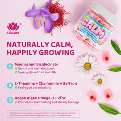 LILICARE Kids Calm ingredients label with magnesium and omega-3 information.