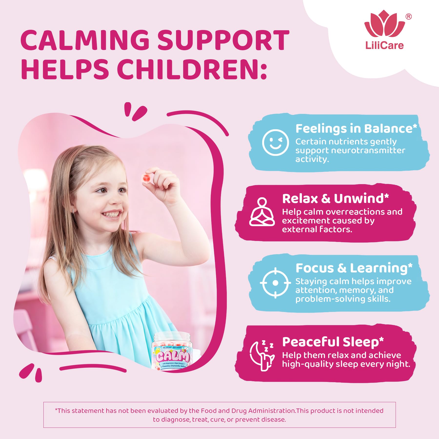 LILICARE Kids Calm packaging side displays vegan, sugar-free formula details.