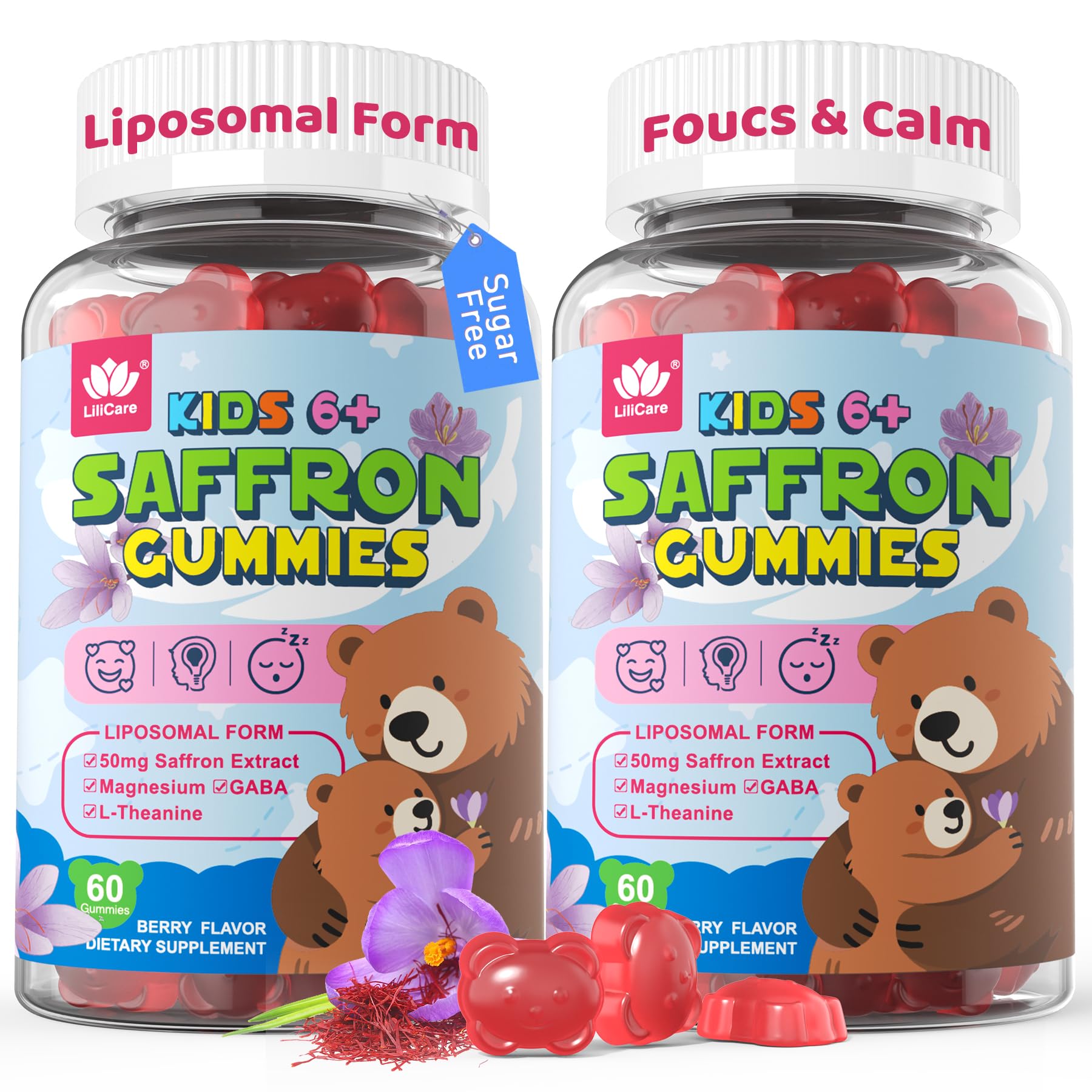 LILICARE Kids Saffron Gummies bottle with bear shapes for daily calm support.
