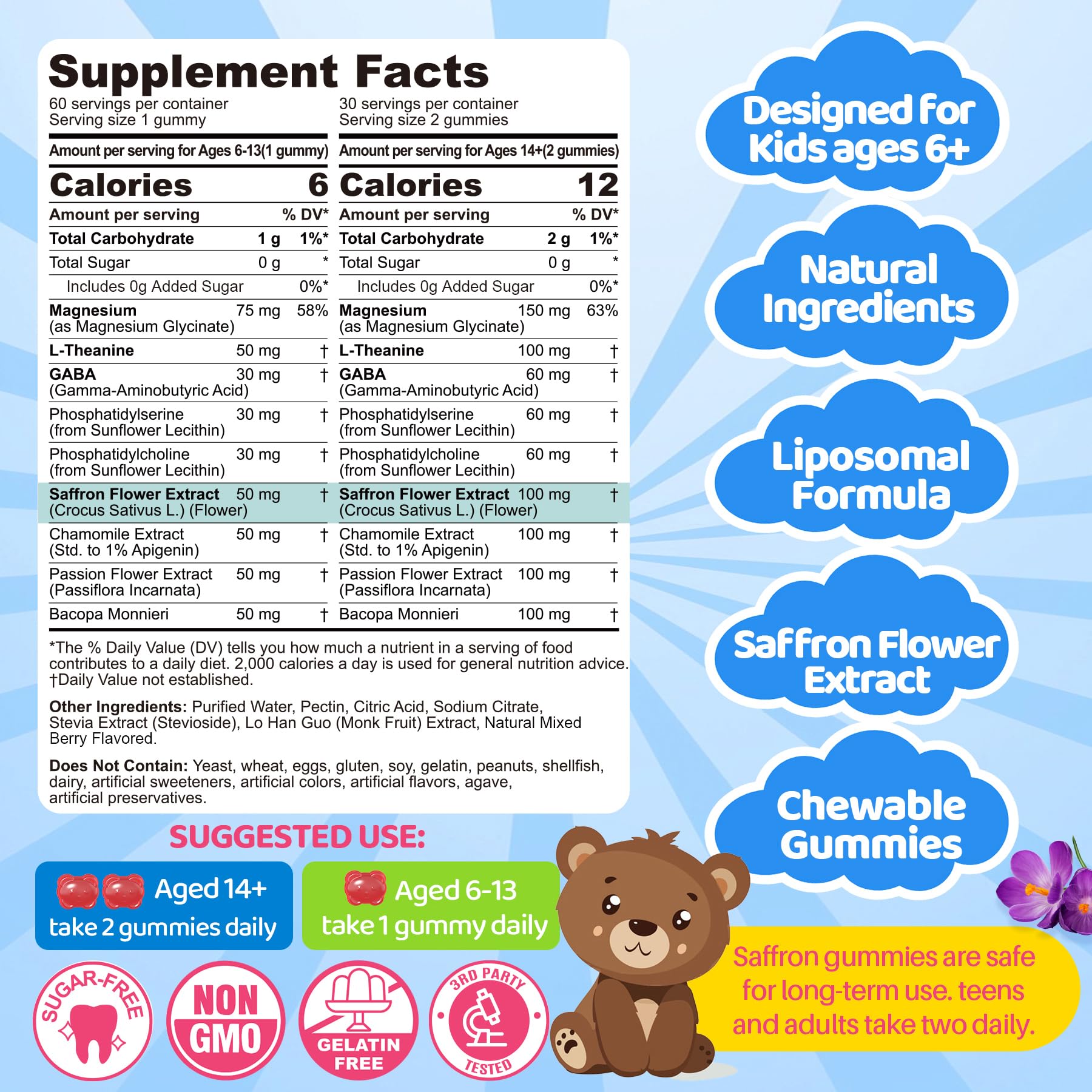 Gummy pouch highlights mood support for focus during study sessions.