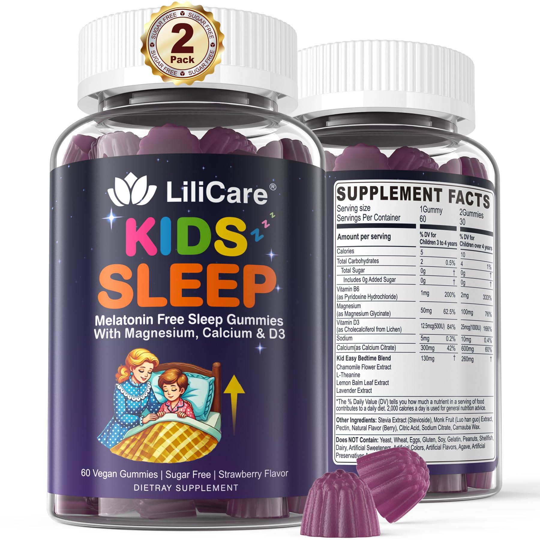 LILICARE Kids Sleep Gummies bottle front, melatonin-free calming night support