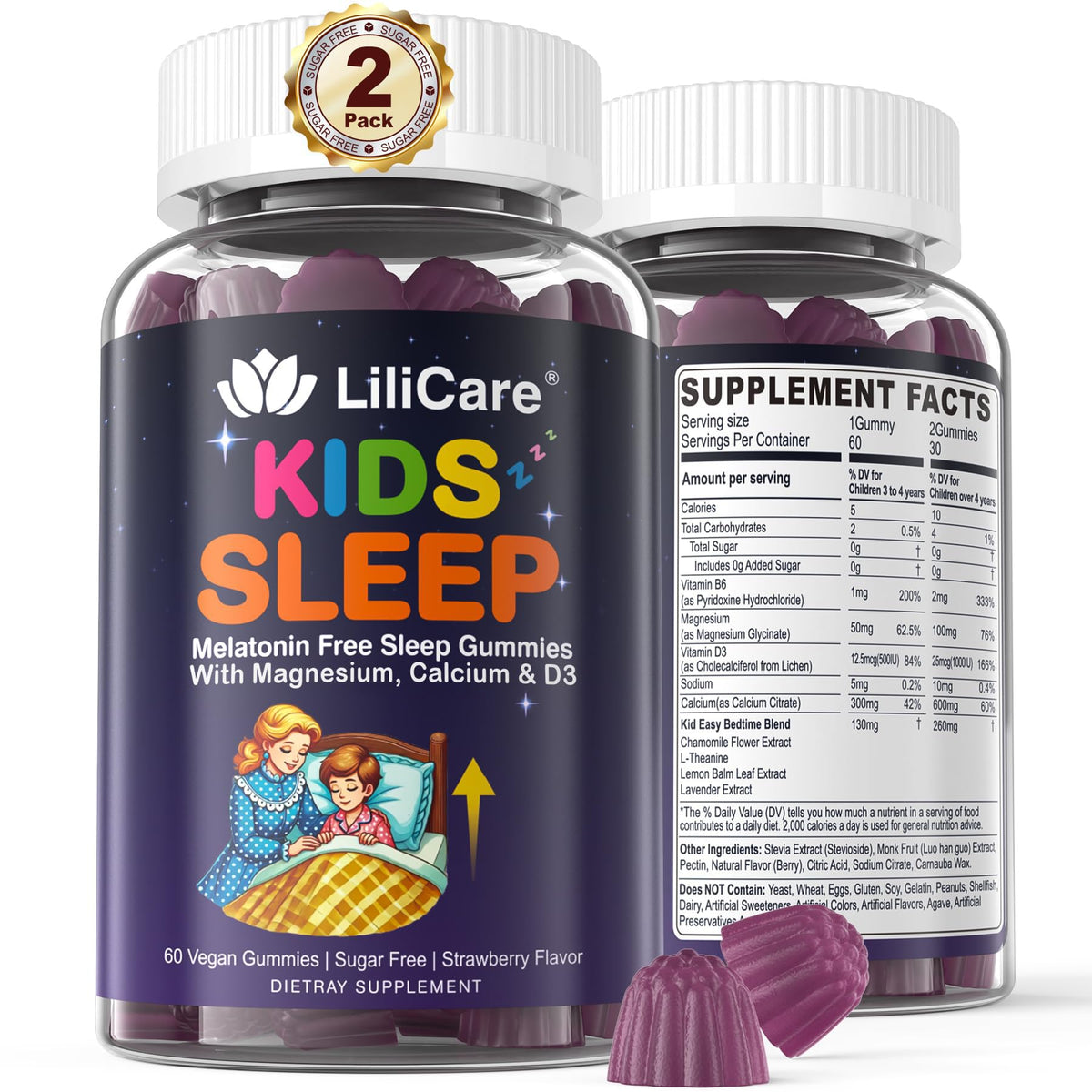 LILICARE Kids Sleep Gummies bottle front, melatonin-free calming night support