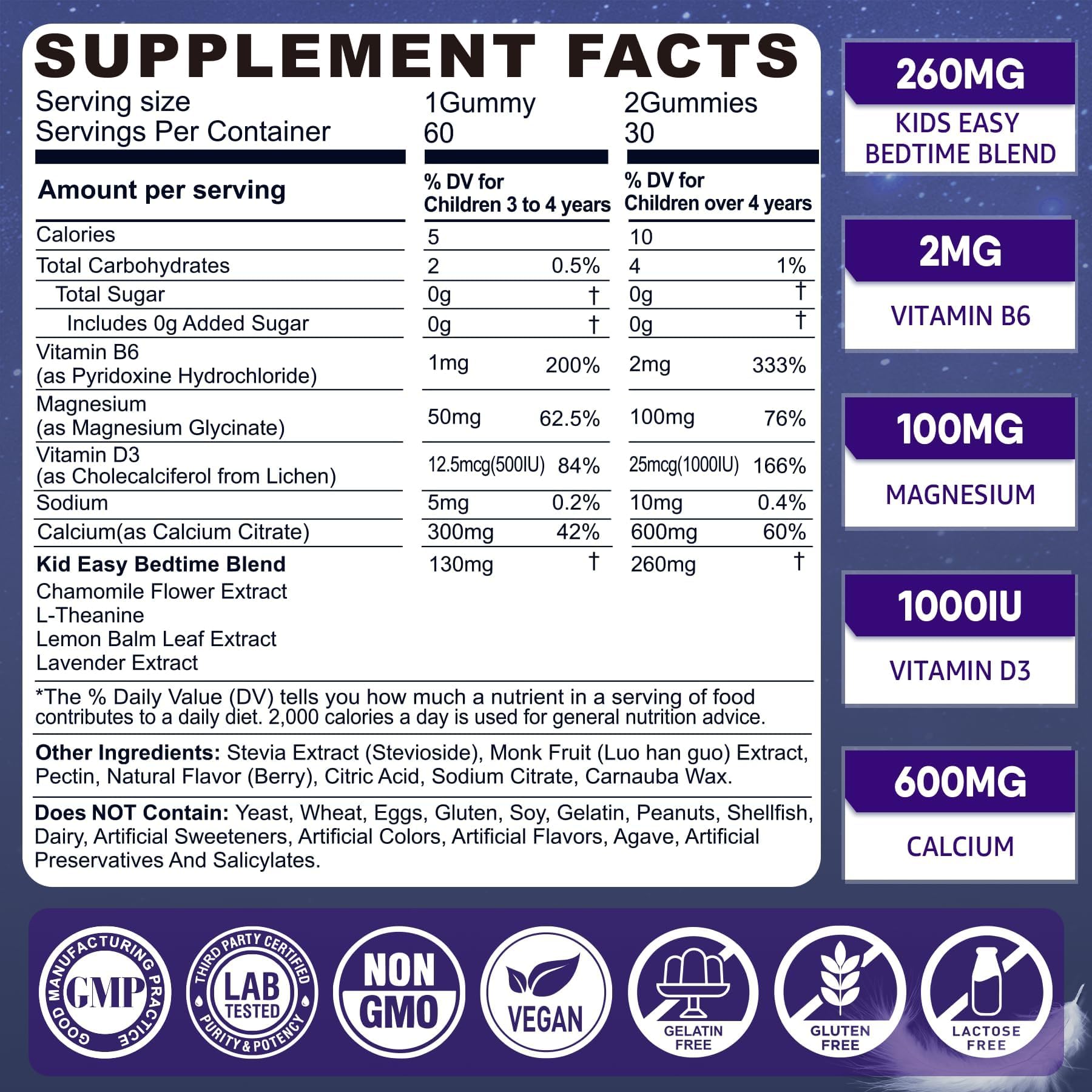 LILICARE Kids Sleep Gummies bottle side, lists magnesium and essential vitamins.