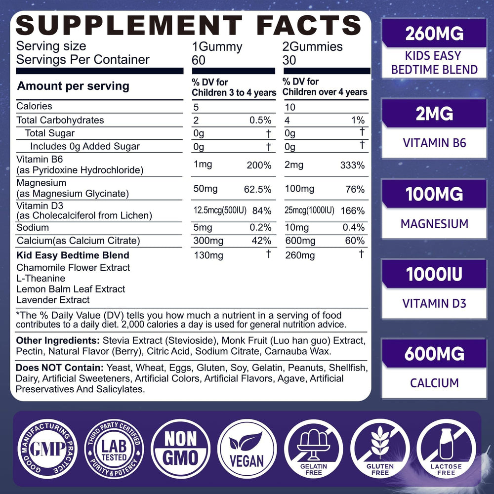 LILICARE Kids Sleep Gummies bottle side, lists magnesium and essential vitamins.