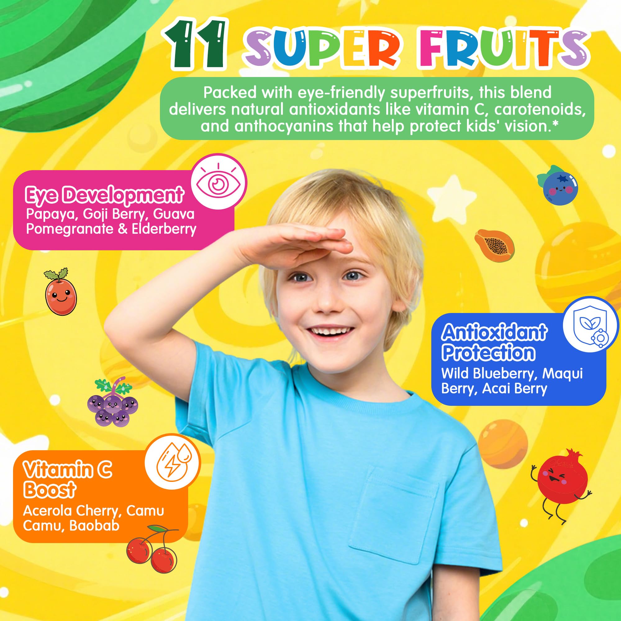 LILICARE graphic showcases 20 fruits and veggies for natural nutrition in gummies.