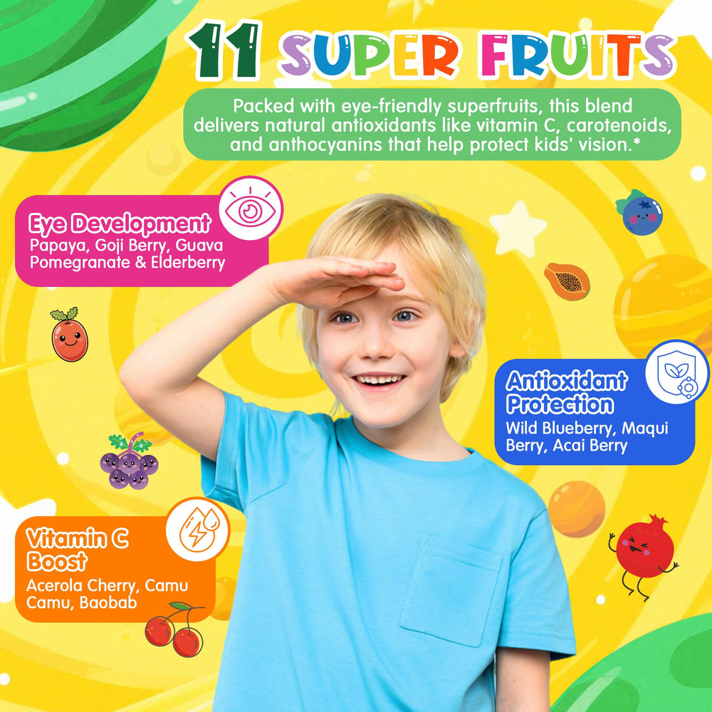 LILICARE graphic showcases 20 fruits and veggies for natural nutrition in gummies.