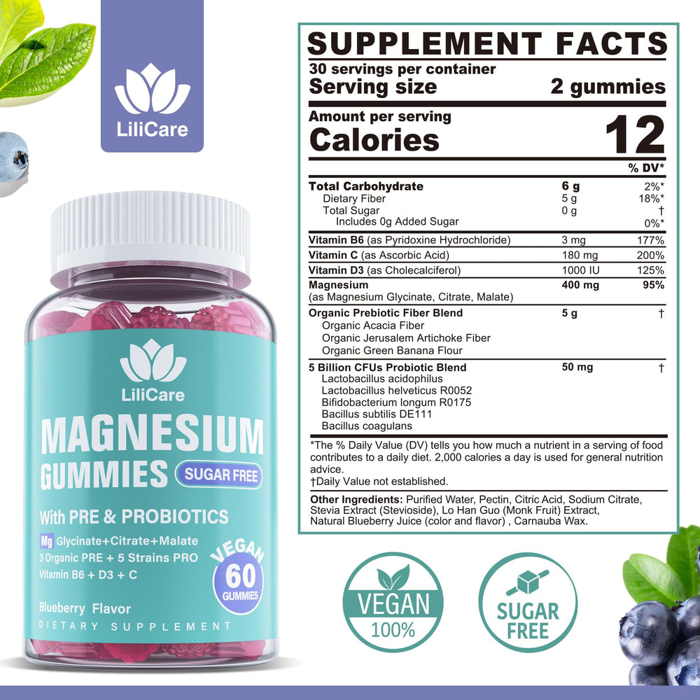 LILICARE gummies close-up highlighting triple magnesium blend for easy absorption