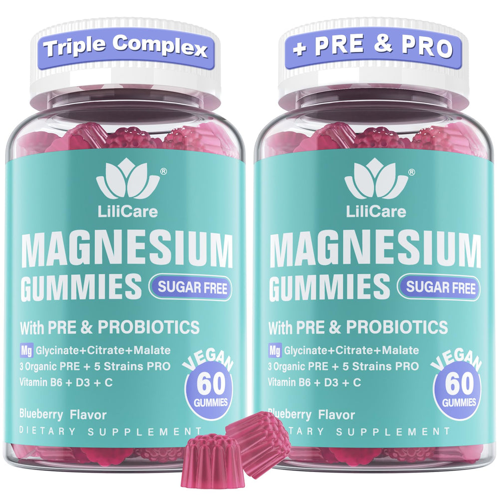 LILICARE Magnesium Complex Gummies bottle with blueberry flavor suggesting relaxation support