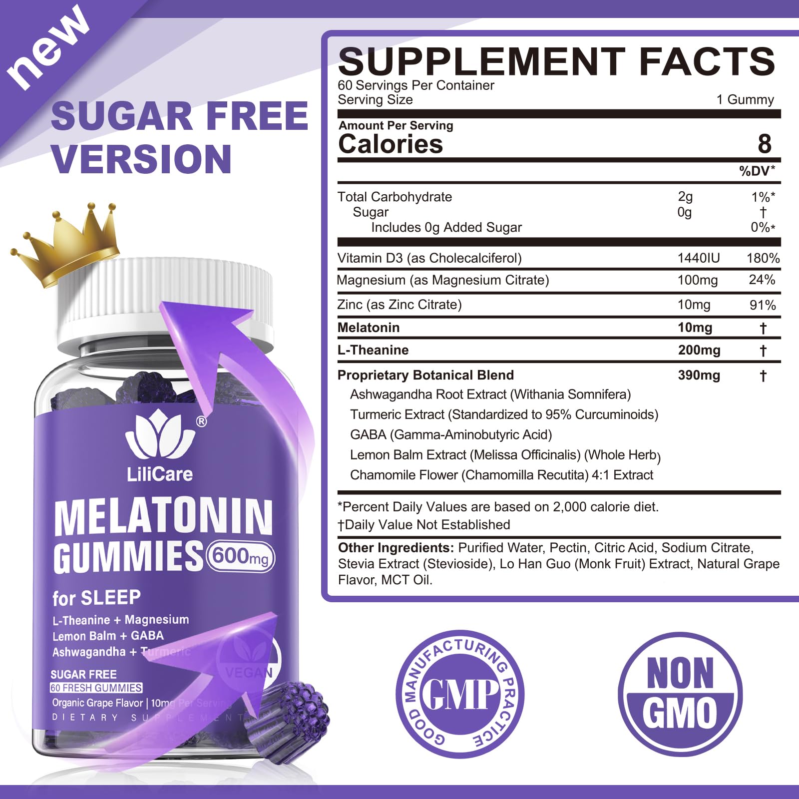 LILICARE Melatonin Gummies bottle back label with key ingredients highlighted.