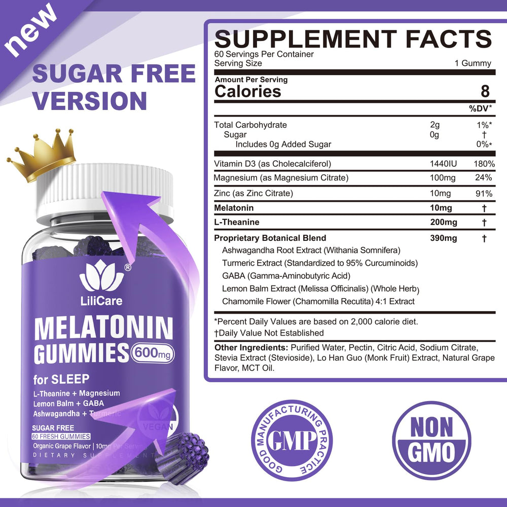 LILICARE Melatonin Gummies bottle back label with key ingredients highlighted.