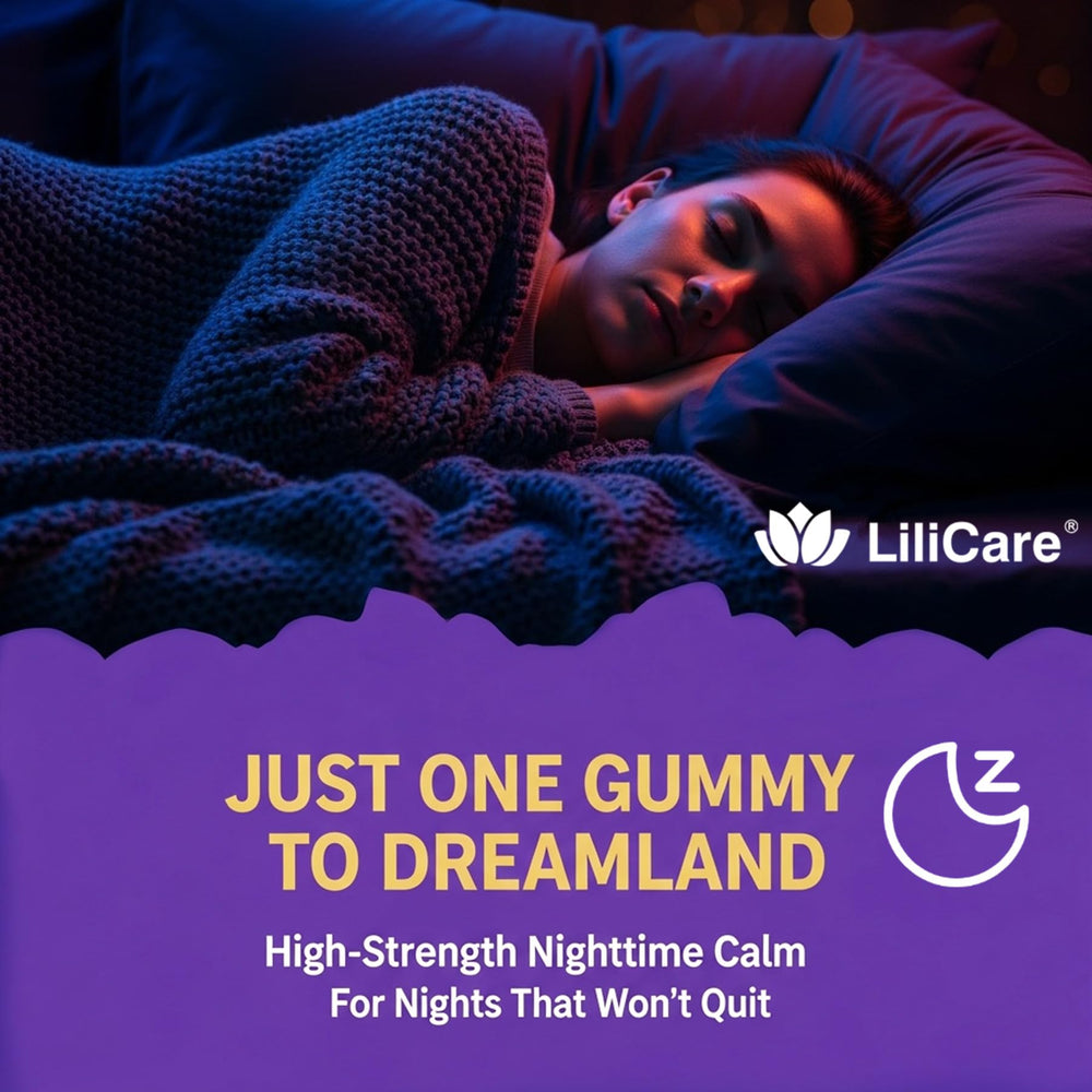 Outer packaging box for LILICARE Melatonin Gummies shows allergen and GMO-free claims.