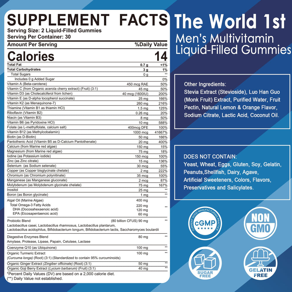 LILICARE Men's Multivitamin gummies pack label highlights comprehensive nutrients for an active lifestyle.
