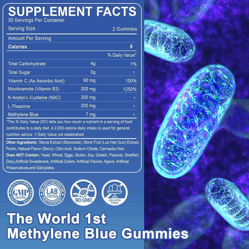 LILICARE Methylene Blue Gummies ingredient list highlighting NAC B3 and L-Theanine.