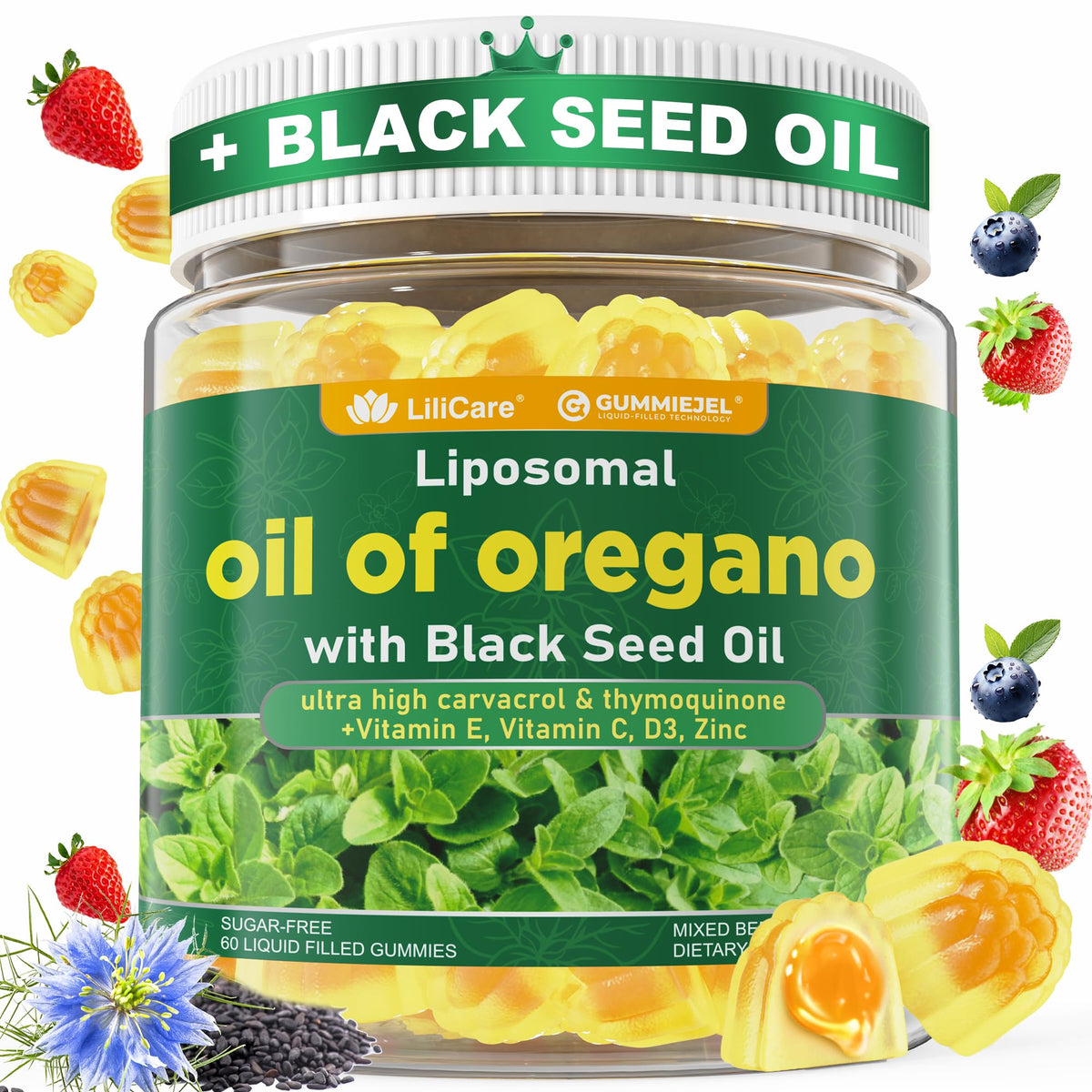 LILICARE bottle of Oil of Oregano with Black Seed Gummies, liposomal formula
