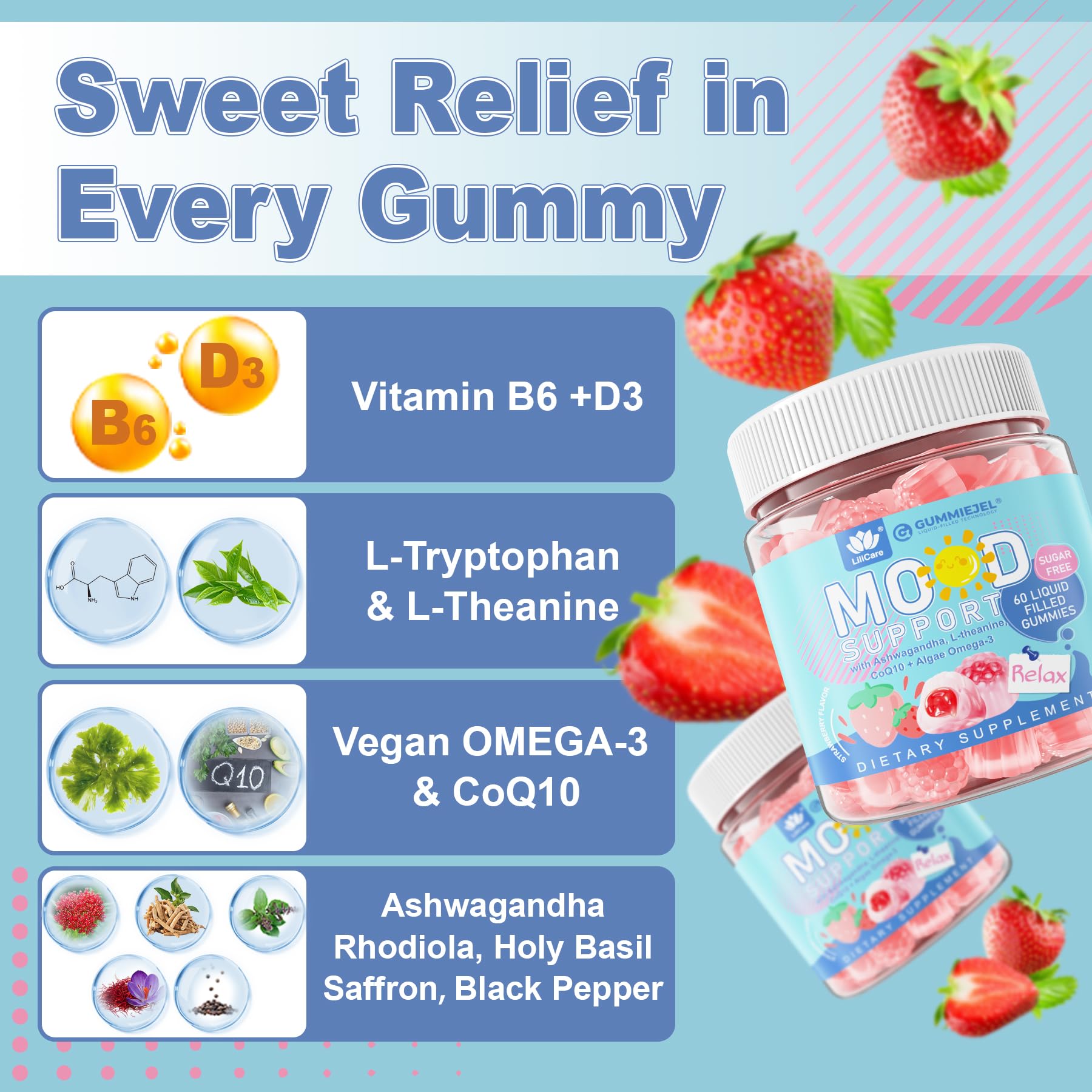 LILICARE strawberry flavor vegan gummies pack highlights sugar-free tasty calm moments
