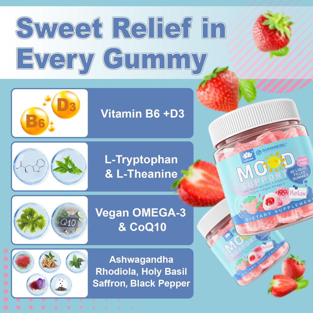 LILICARE strawberry flavor vegan gummies pack highlights sugar-free tasty calm moments