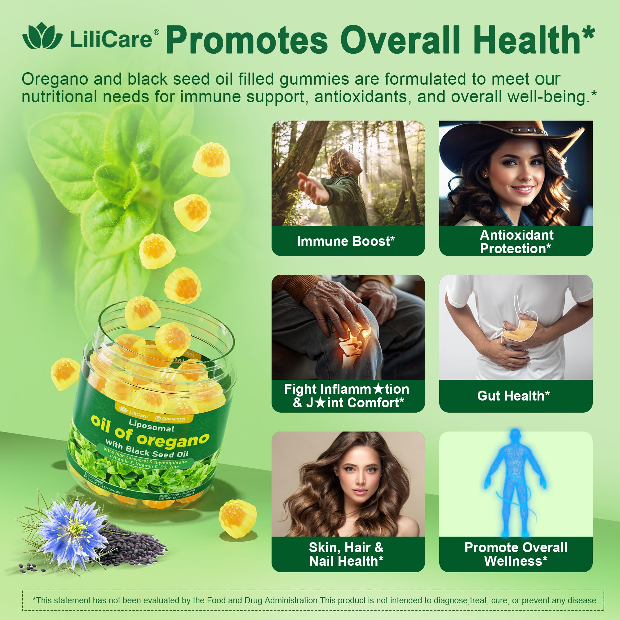 Sugar-free badge on LILICARE gummies packaging