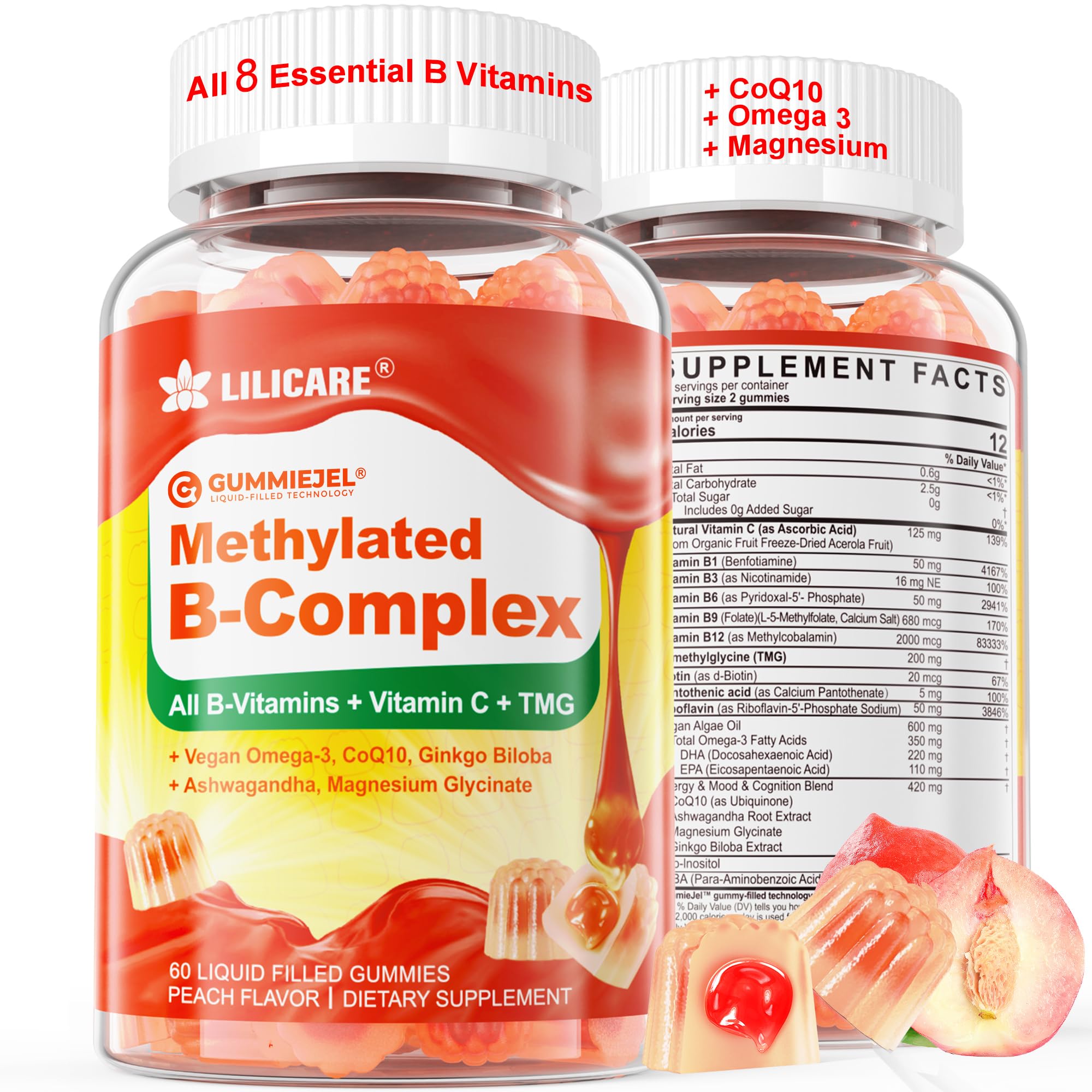 LILICARE Super Methylated B Complex Gummies bottle front showing vibrant packaging and energy theme