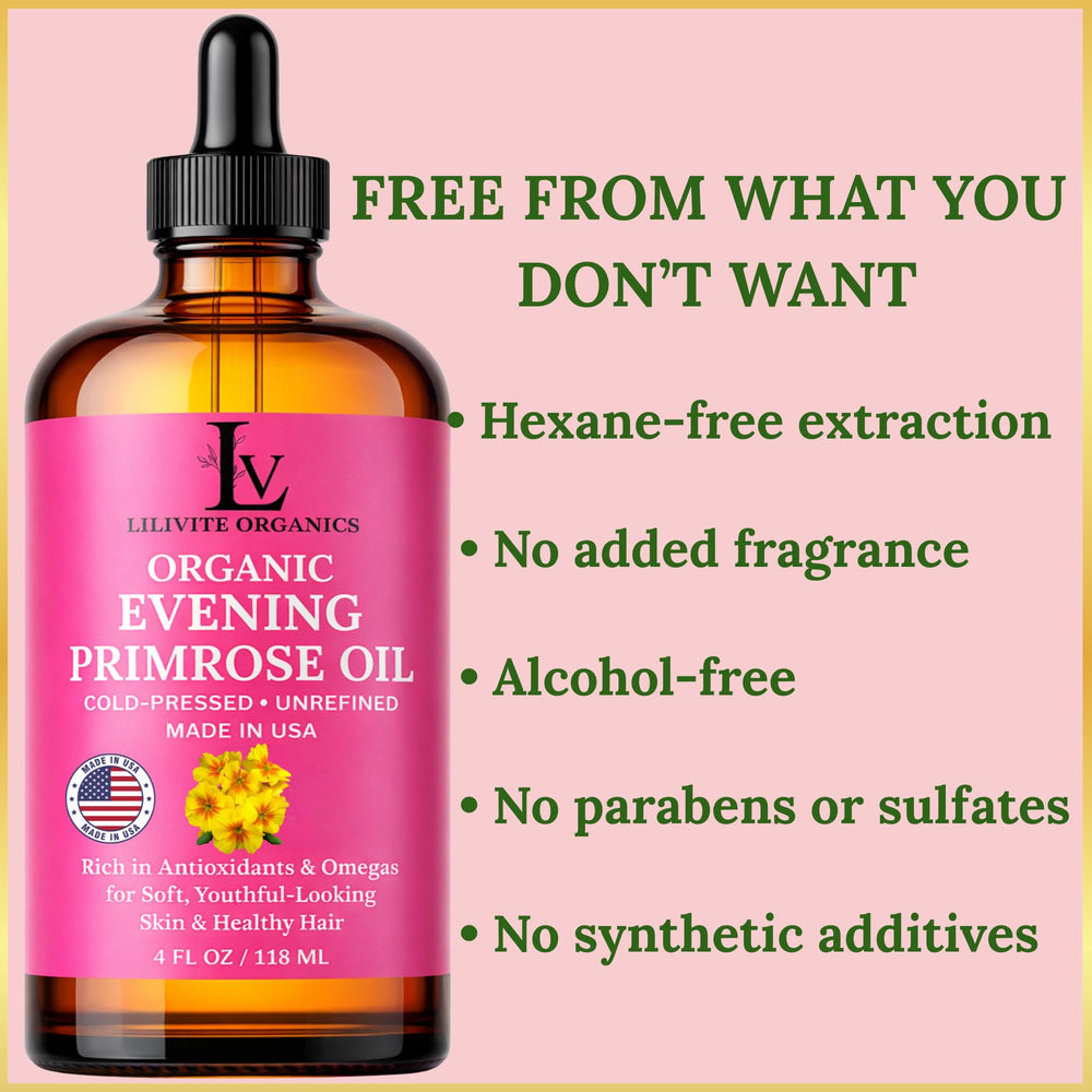 Label on LILIVITE ORGANICS Evening Primrose Oil shows USA production.