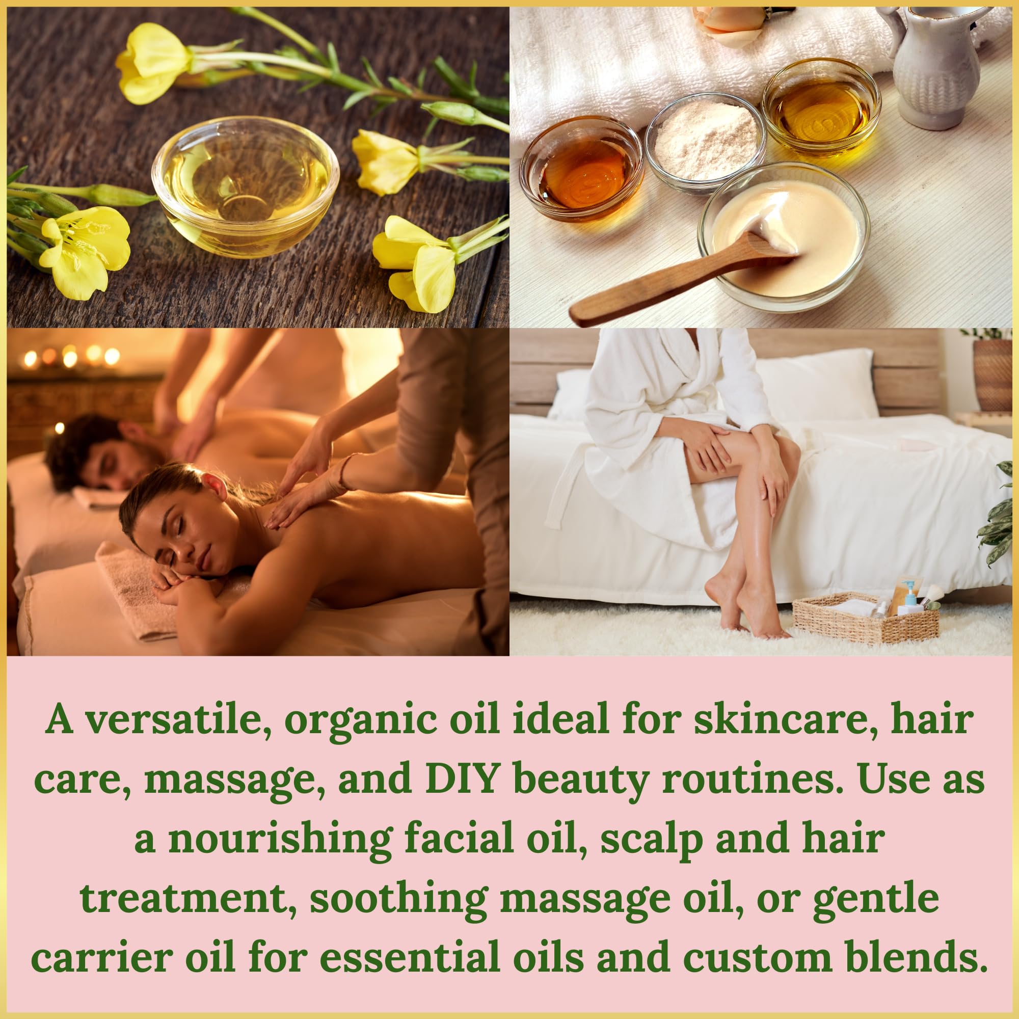 Mild nutty aroma of Evening Primrose Oil enhances natural skincare rituals.