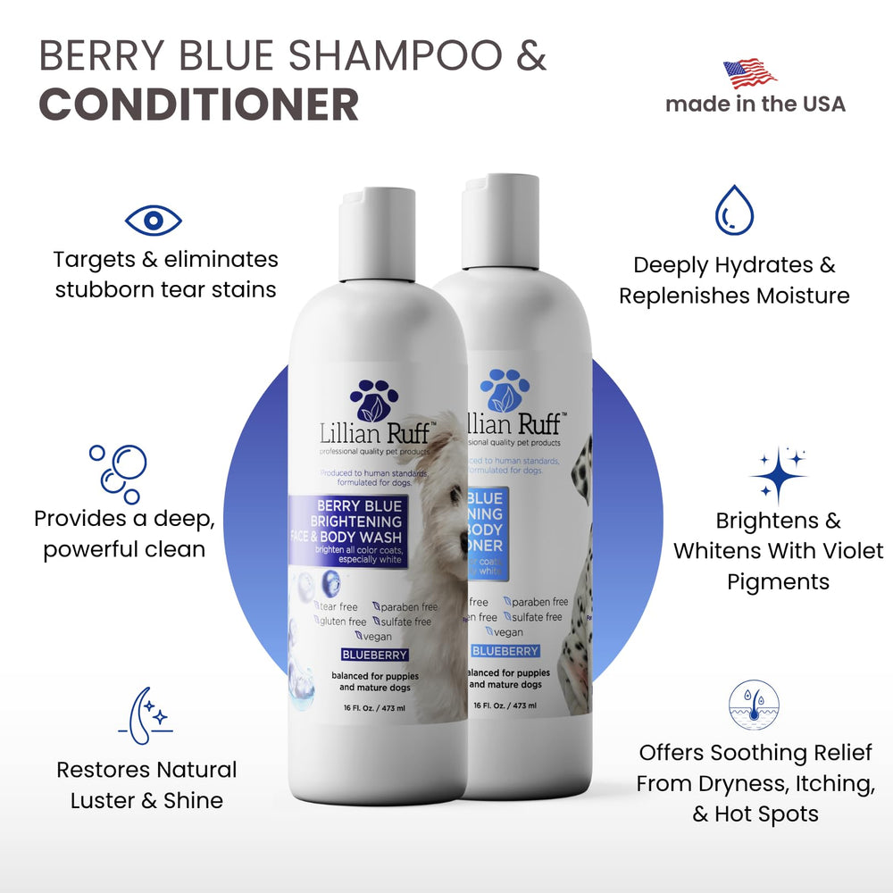 Lillian Ruff PRO Berry Blue Brightening Conditioner illustrating brighter, softer fur after use.