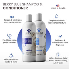 Lillian Ruff PRO Berry Blue Brightening Conditioner illustrating brighter, softer fur after use.