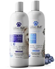 Lillian Ruff PRO Berry Blue Brightening Shampoo bottle demonstrates whitening power and hydrating care for coats.