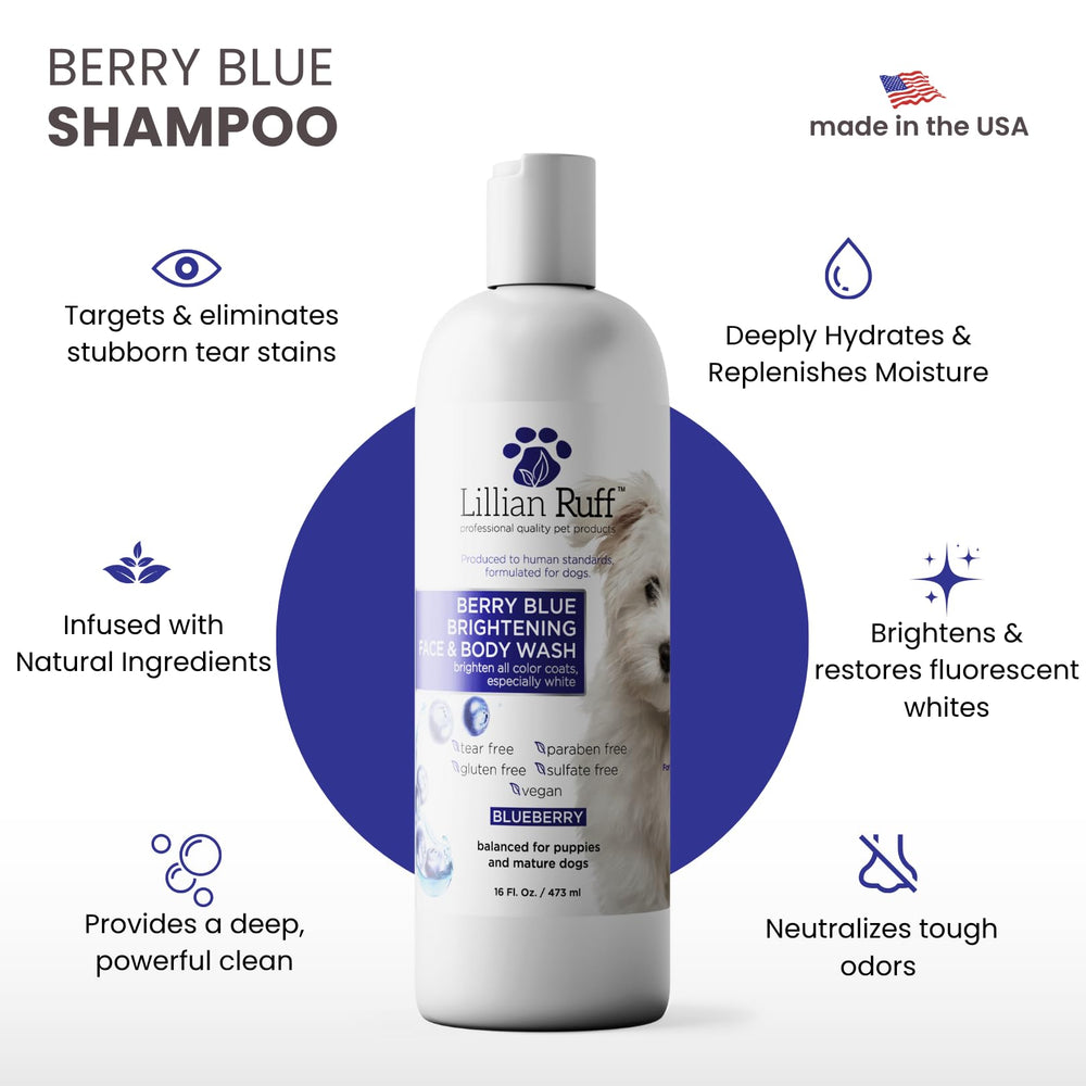 Lillian Ruff Berry Blue rich foam during bath for vibrant coats.