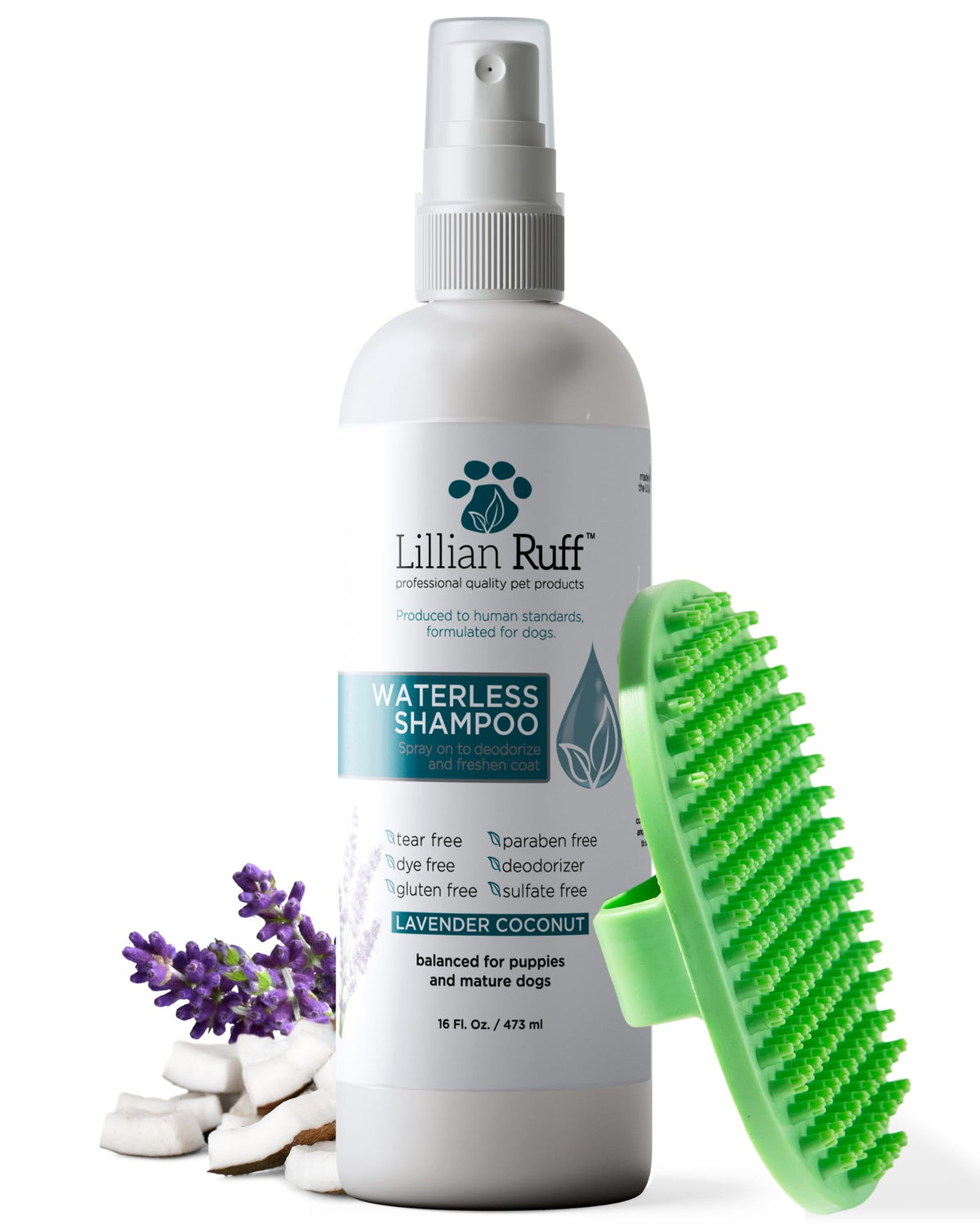 Lillian Ruff Waterless Dry Shampoo bottle for quick coat refresh between baths.