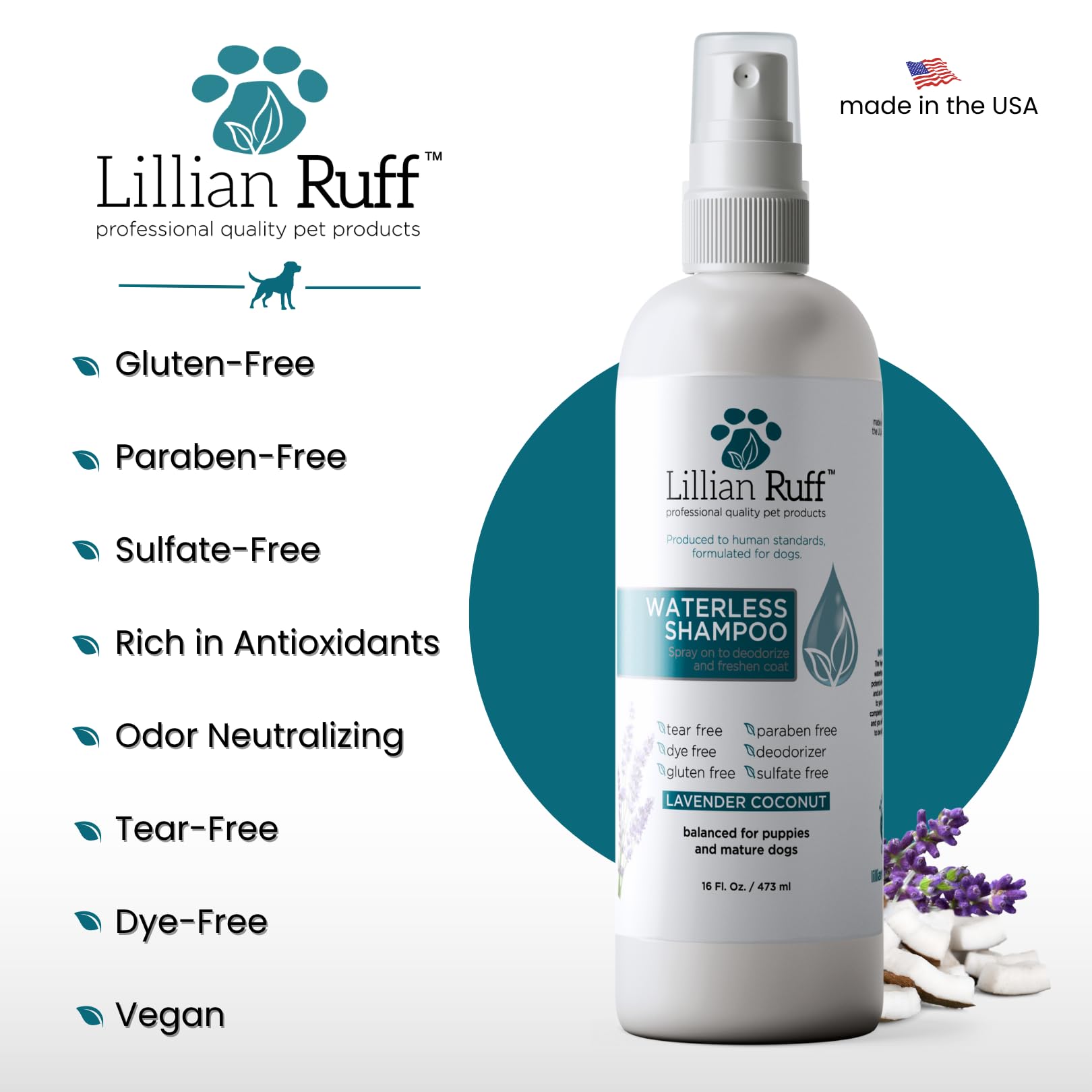 Lillian Ruff waterless spray on image emphasizes five scents option.