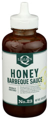 Lillie's Q Honey Barbeque Sauce bottle ready for grilling with tangy glaze.