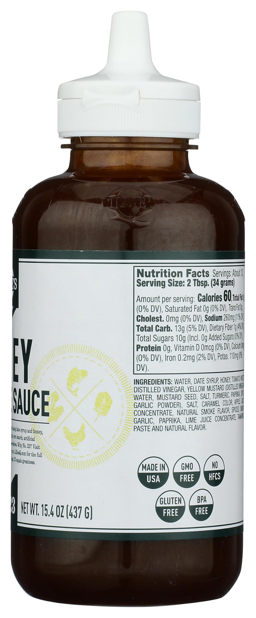 Lillie's Q Honey Barbeque Sauce label highlights gluten-free and no HFCS.