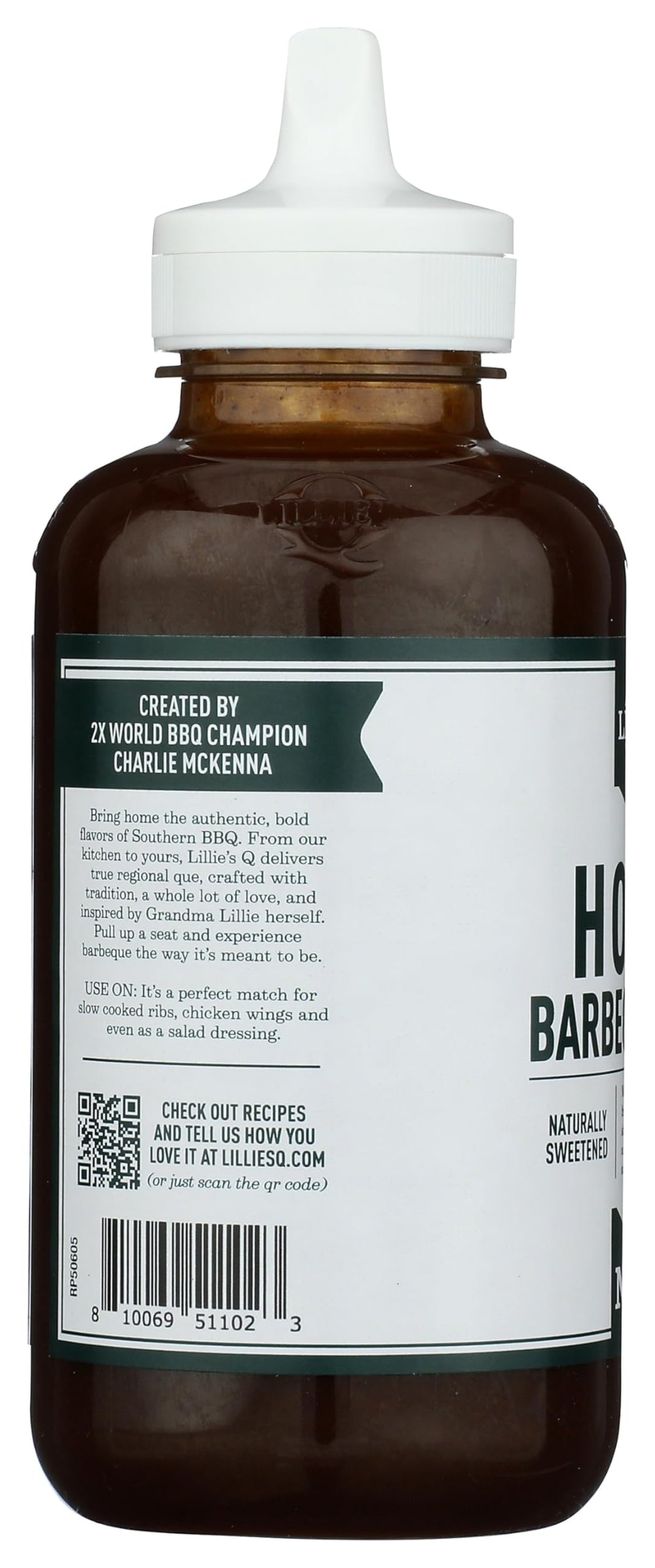 Lillie's Q Honey Barbeque Sauce being poured for an easy glaze.