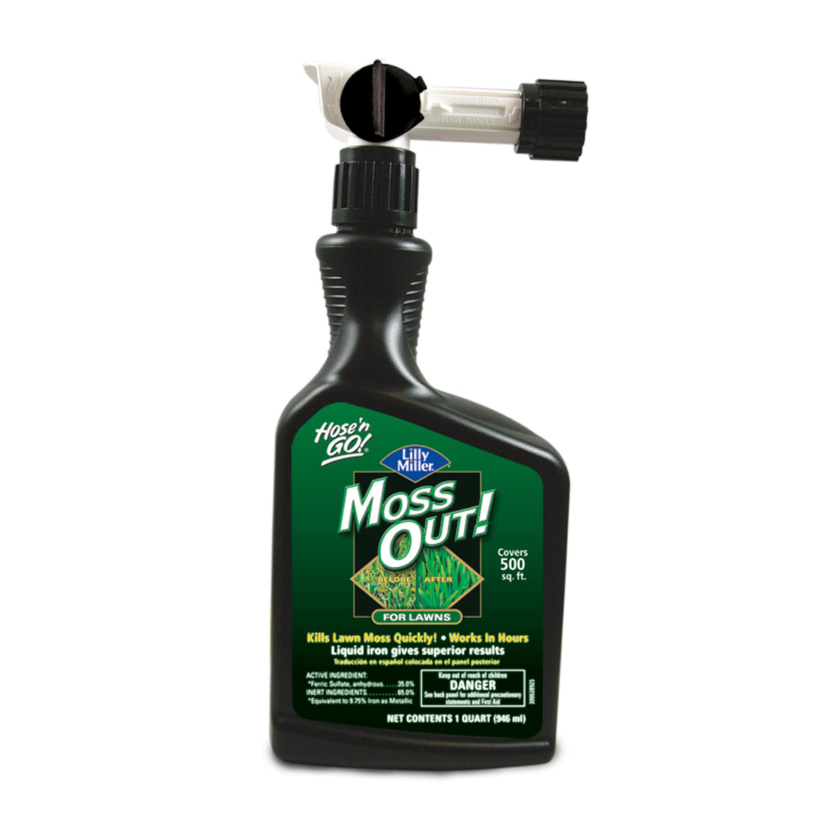 Lilly Miller Moss Out for Lawns bottle ready for hose-n-go application on mossy turf.