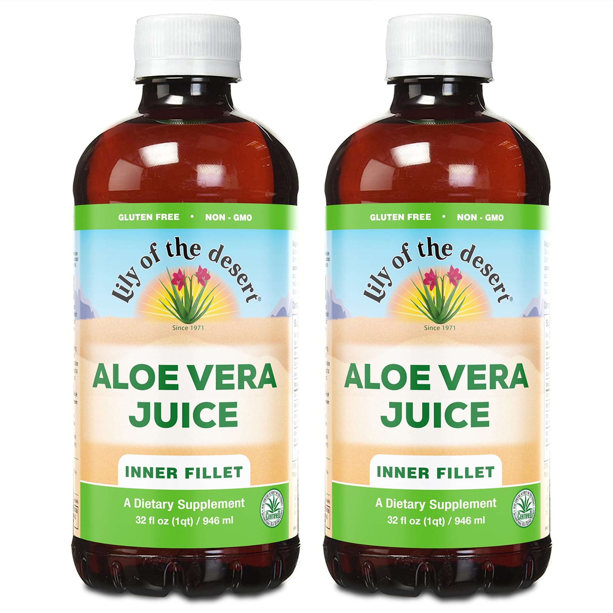 Lily Of The Desert Aloe juice 2-pack bottle front shows vegan, non-GMO digestive support option