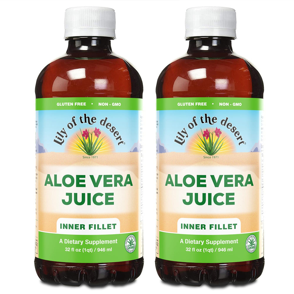 Lily Of The Desert Aloe juice 2-pack bottle front shows vegan, non-GMO digestive support option