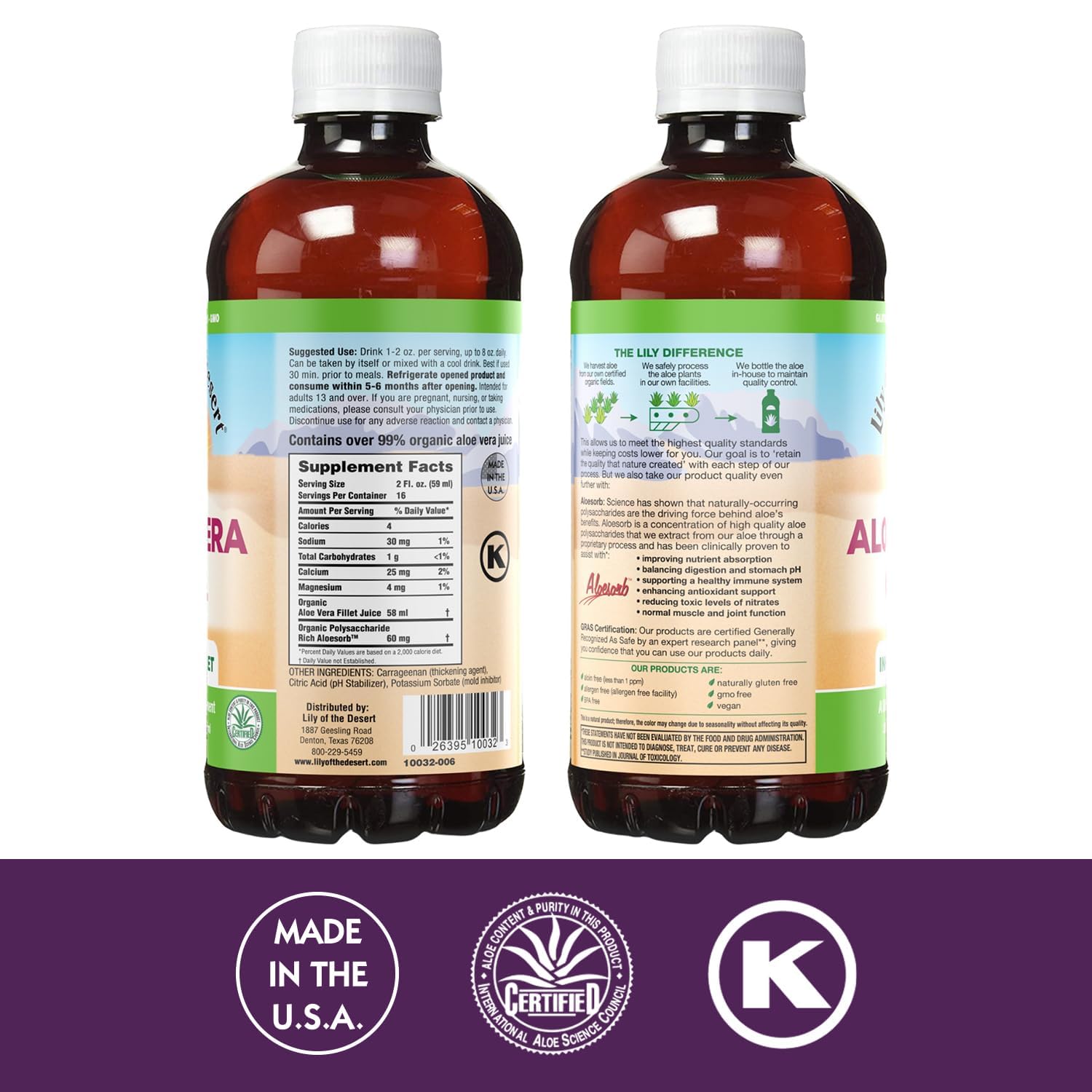 Lily Of The Desert aloe juice 2-pack bottle pour highlights convenient daily intake for gut comfort