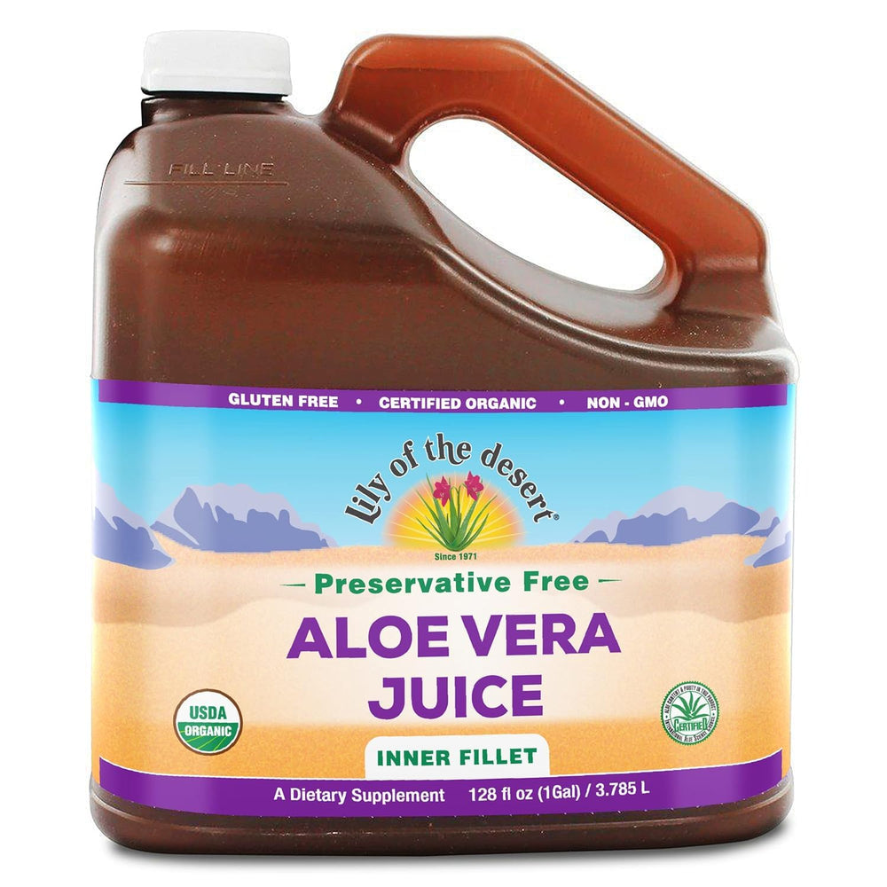 Lily of the Desert aloe juice bottle showing organic formula for daily wellness.