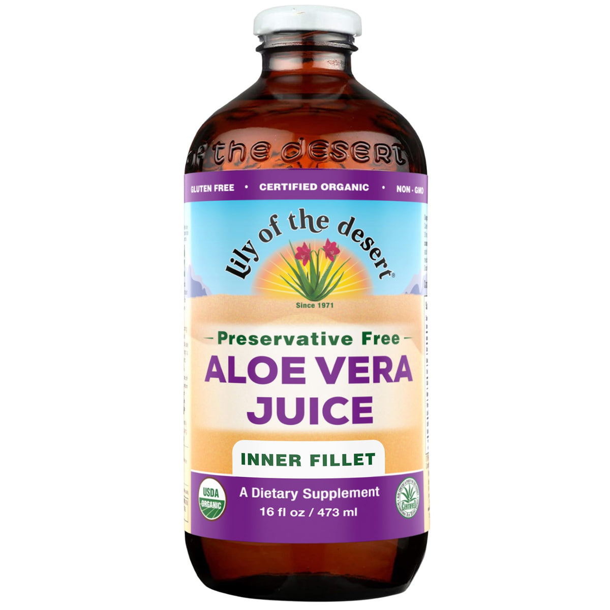 Lily of the Desert Aloe Vera Juice Inner Fillet filtered bottle for pure hydration