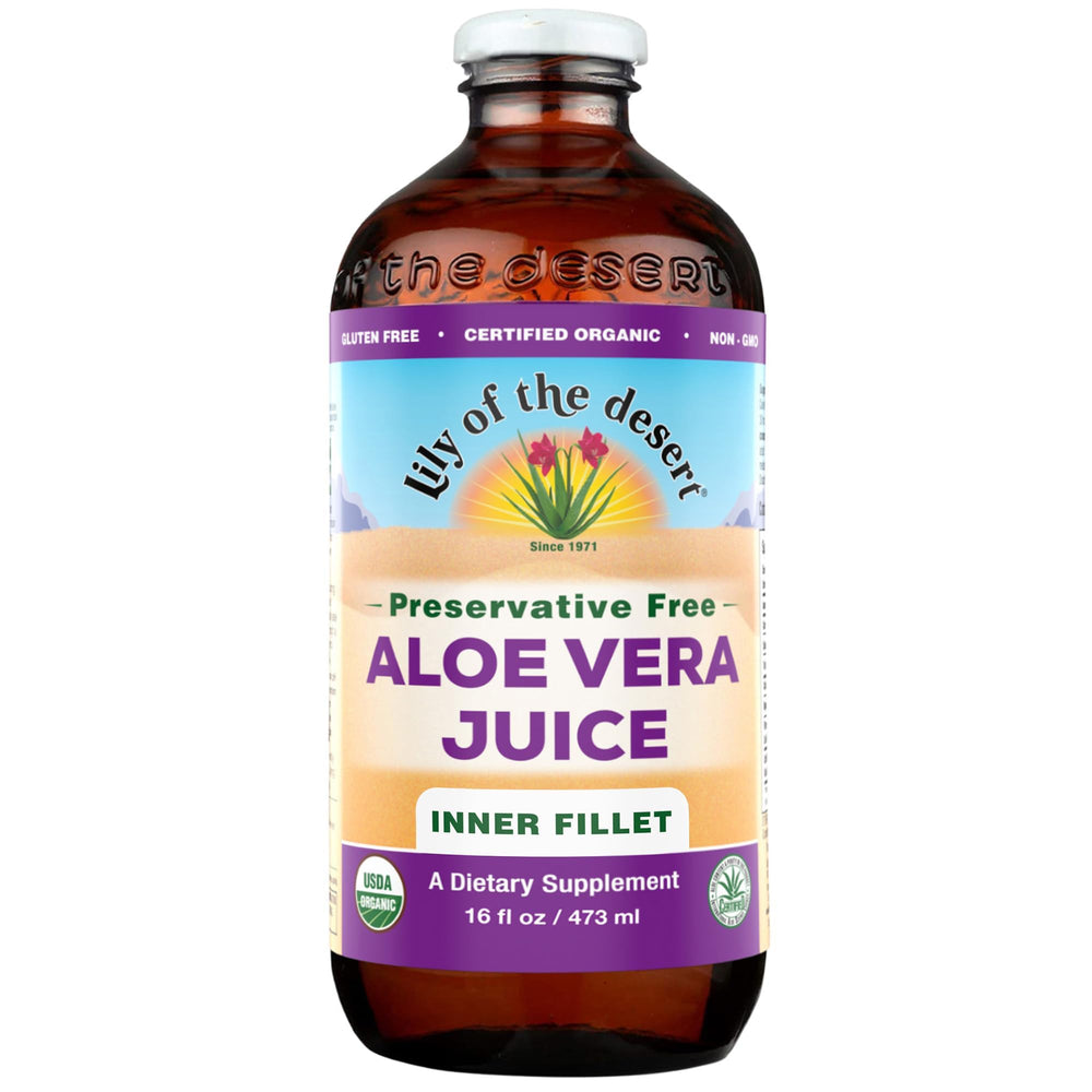 Lily of the Desert Aloe Vera Juice bottle front shows organic, preservative-free formula for daily digestion support