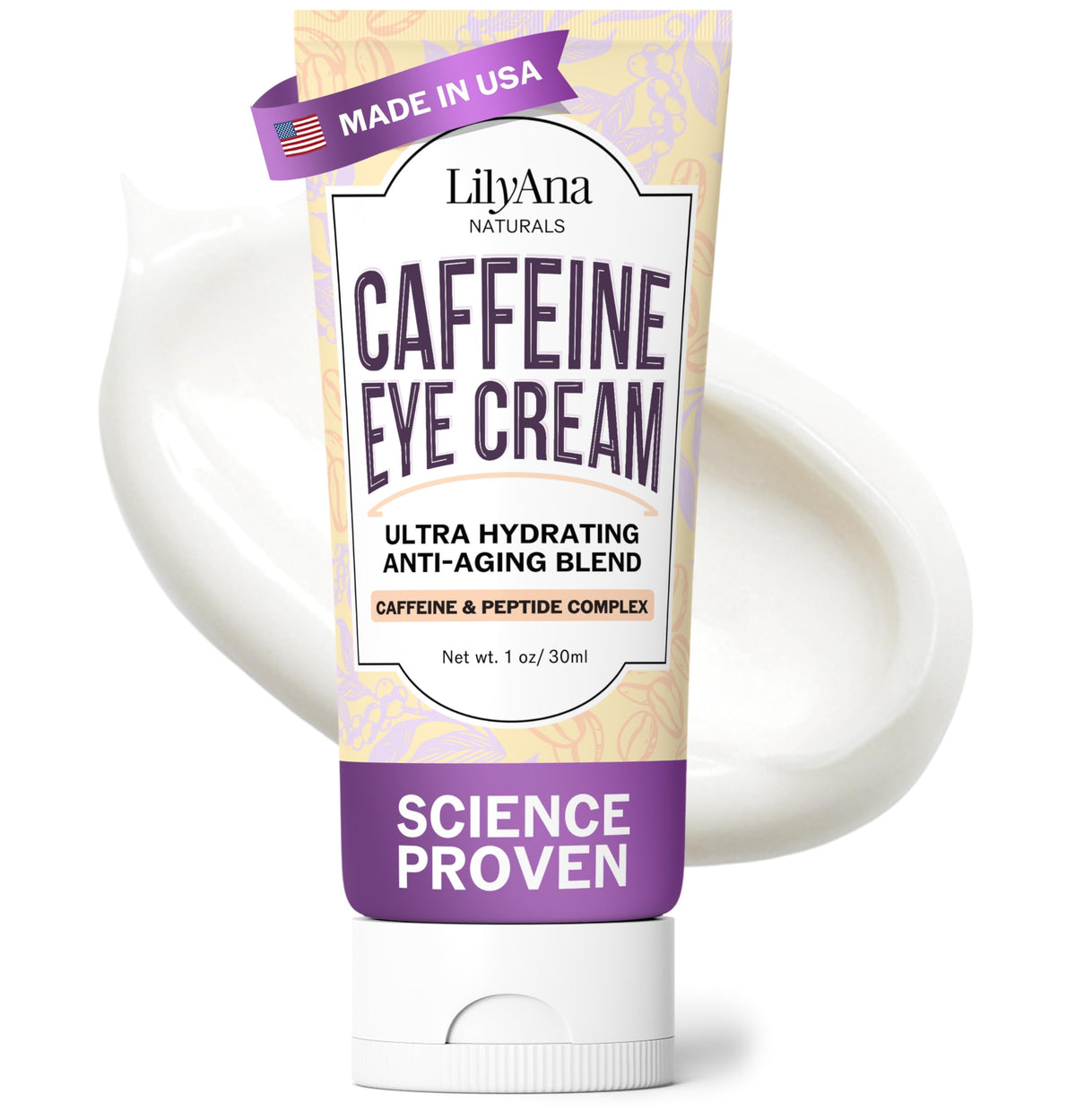 LilyAna Naturals caffeine eye cream bottle showcases the premium formula for hydrated under-eye skin.