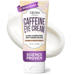LilyAna Naturals caffeine eye cream bottle showcases the premium formula for hydrated under-eye skin.
