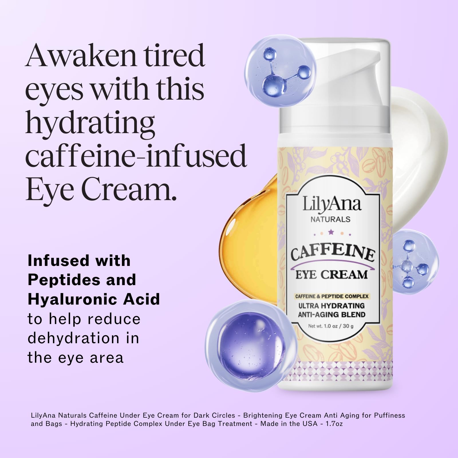 Swatch of LilyAna Naturals caffeine eye cream showing silky texture ready to smooth fine lines.