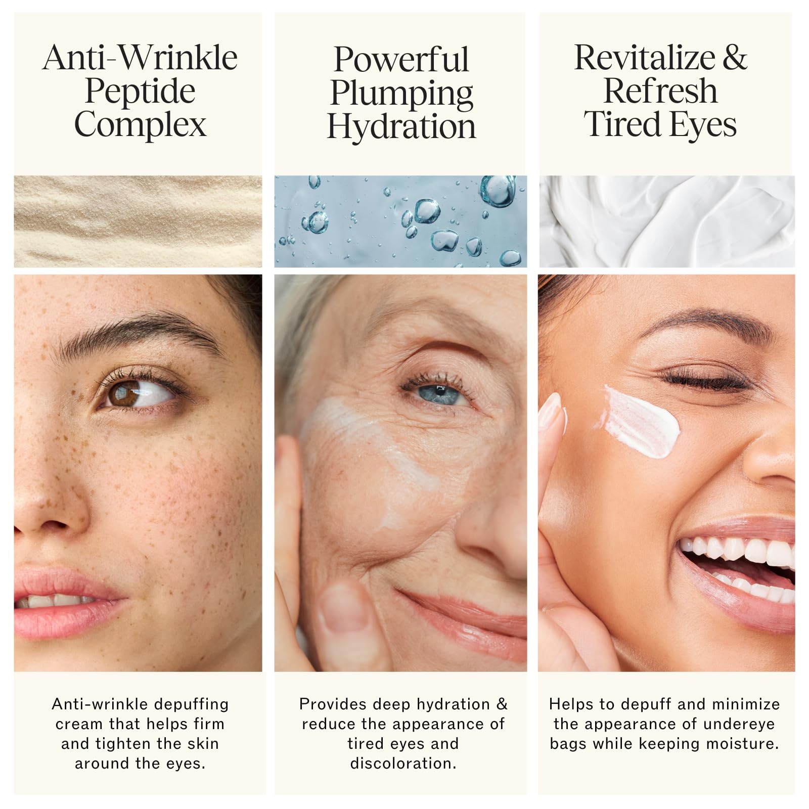 Close-up of LilyAna Naturals peptide complex featured in the formula for firmer-looking eye skin.