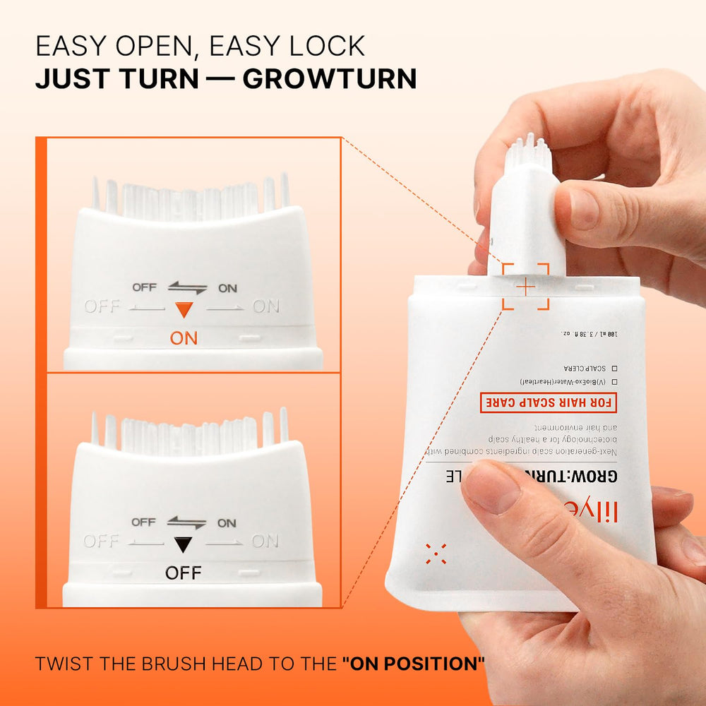 LilyEve GROWTURN close-up ingredients with Scalp-Clera and plant extracts.